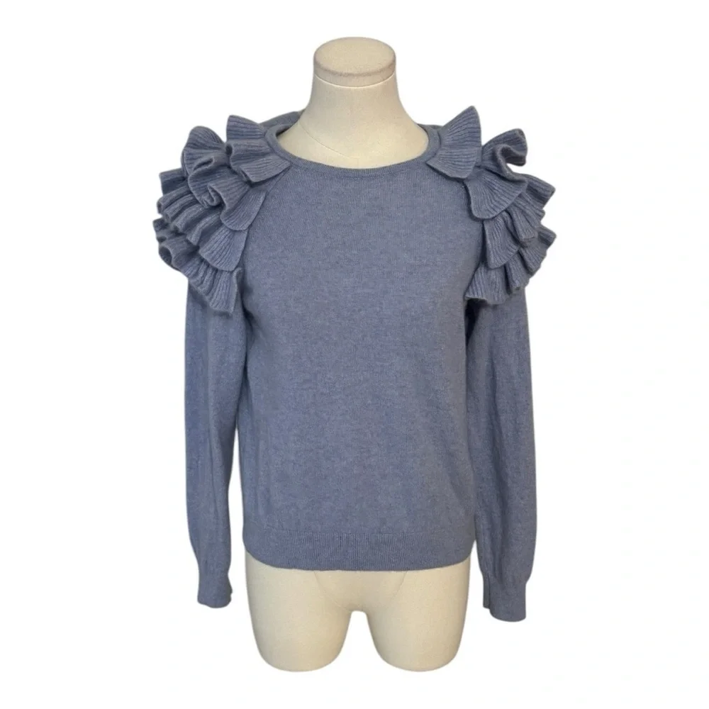 CHARTER CLUB Cashmere Cha Cha Ruffled Sweater Top Periwinkle Size M Spring Soft - Picture 3 of 8